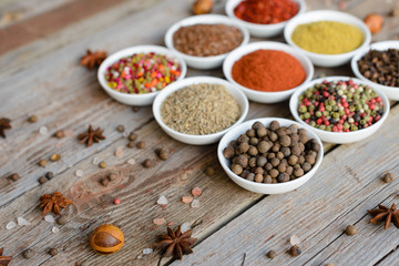 Various spices on wooden spoons. Food ingredients