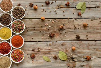 Various spices on wooden spoons. Food ingredients