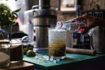 Hipster bartender mixologist creates summer fresh mojito cocktail with mint lemon lime soda bubbles in artisanal bar full of atmosphere