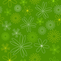 Fototapeta na wymiar Seamless colored line pattern. Outline yellow flowers on green color background.