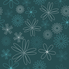 Fototapeta na wymiar Seamless colored line pattern. Outline white flowers on gray blue color background.