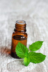 Small bottle of essential peppermint oil and fresh mint leaves