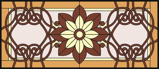 Stained glass window in a rectangular frame. Flower arrangements and ornaments in vector graphics, with abstract swirls and leaves, vertically orientation / floral symmetric composition.