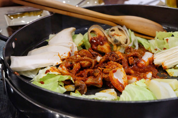Dak Galbi Seafood on hot pan, Korean food