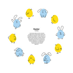 Easter round frame with funny bunnies and chicks