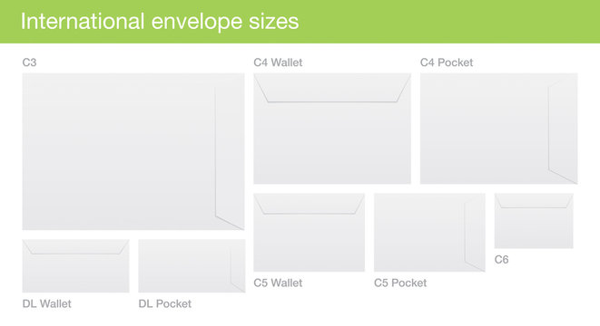 Set of white vector envelopes, with international standard sizes, isolated on background.