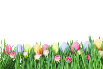 Easter eggs in grass with flowers isolated on white background