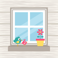 birds, flower and window on the wood background