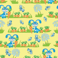 Blue rabbit in the garden. Yellow background. Seamless pattern. Children's cartoon character. Design for textiles, wall hangings, wrapping paper.