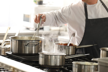 Chef in hotel or restaurant kitchen cooking
