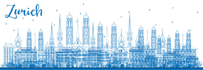 Outline Zurich Skyline with Blue Buildings.