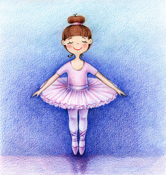  hands drawn picture of little ballet dancer on the stage by the color pencils