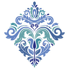 Oriental vector sqaure blue pattern with arabesques and floral elements. Traditional classic ornament. Vintage pattern with arabesques