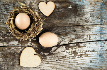 rustic Easter border on grunge wood background. flat lay