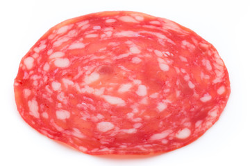 Salami smoked sausage slices isolated on white background cutout.