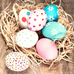 Easter greeting card with colourful Eggs. Easter, family, holiday and child concept