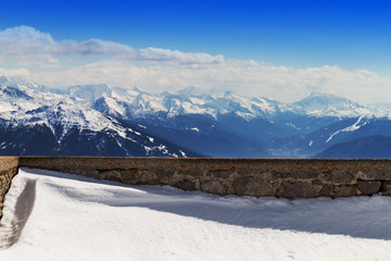 Fototapeta na wymiar Beautiful Landscape with Snowy Mountains. Blue Sky. Horizontal. Alps, Austria.