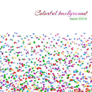 Abstract background with multicolored confetti on white backdrop
