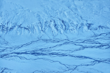Arial view on Rivers of Thorsmork in iceland - winter landscape, photo with copy space