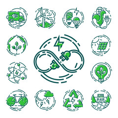 Green ecology energy conservation icons and outline style ecological world power vector illustration.