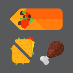 Set of colorful cartoon fast food icons isolated restaurant tasty american sandwich meat and unhealthy burger meal vector illustration.