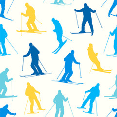 Seamless pattern - silhouette of a skiing man.