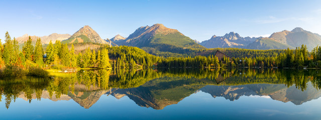 Panorama of high resolution mountain lake Strbske Pleso in Slovakia