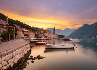 Sunrise over the Kotor Bay near Perast, Montenegro - obrazy, fototapety, plakaty