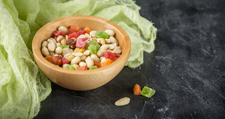 Nuts and candied fruits in bowl