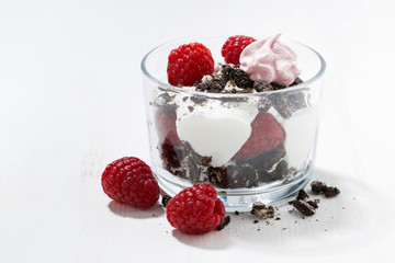 dessert with fresh raspberries, chocolate biscuits and cream