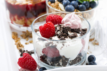desserts with fresh berries in glasses, closeup