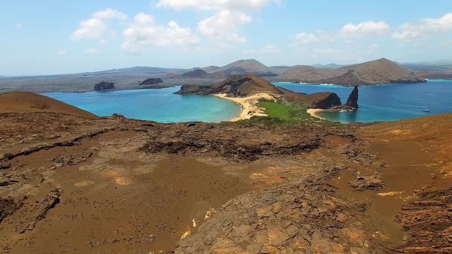 Aerial view of volcanic landscape of Bartolome island, Galapagos, Ecuador from above
