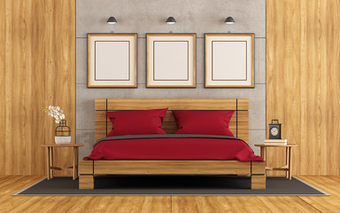 Wooden and concrete master bedroom