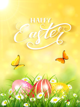 Yellow background with butterflies and three Easter eggs in grass