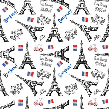 Seamless background with symbols of Paris