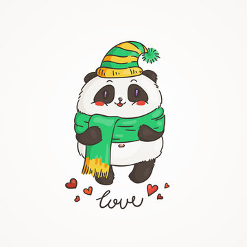 Cute panda in scarf and hat. Wildlife, ecology, peace and friendship.