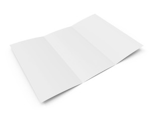 Blank white tri-fold booklet with the shadow isolated on white background.