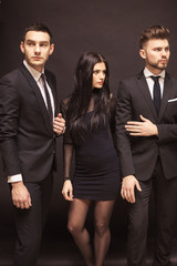 Beautiful female celebrity with bodyguards