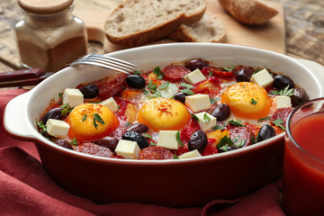 Delicious Spanish baked eggs in baking dish on table
