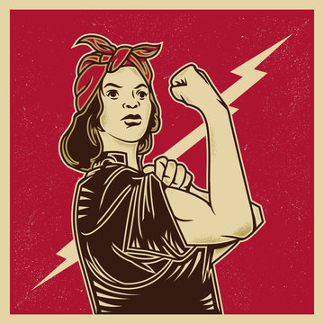 Vintage propaganda poster and elements. Retro Clip art of a feminist strong woman. Isolated artwork object. Suitable for and any print media need.