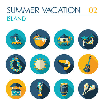 Island beach flat icon set. Summer. Vacation
