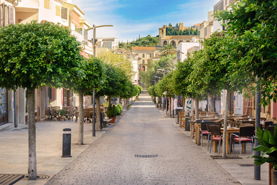 Beautiful tree-lined long street in Arta, Mallorca, in the background is Church and historic buildings. Beautiful day for walk through this amazing city.