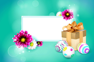 Easter card with gift box, eggs and flowers