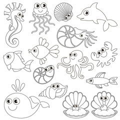 Sea underwater animals set, the big page to be colored, simple education game for kids.