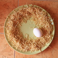 A nest of noodles and egg