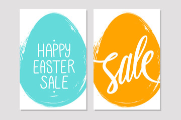 Set of Easter Sale flyers with handwritten elements and brush stroke egg shape background for business, promotion and advertising. Vector illustration.