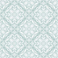 Damask vector classic pattern. Seamless abstract background with repeating elements. Orient light blue and white background