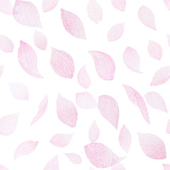 Hand drawn watercolor falling sakura blossom petals seamless pattern on the white background