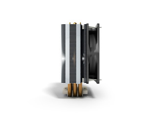 Active CPU cooler with the aluminum finned heat-sink and the fan 3d render