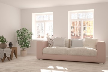 White room with sofa and winter landscape in window. Scandinavian interior design. 3D illustration